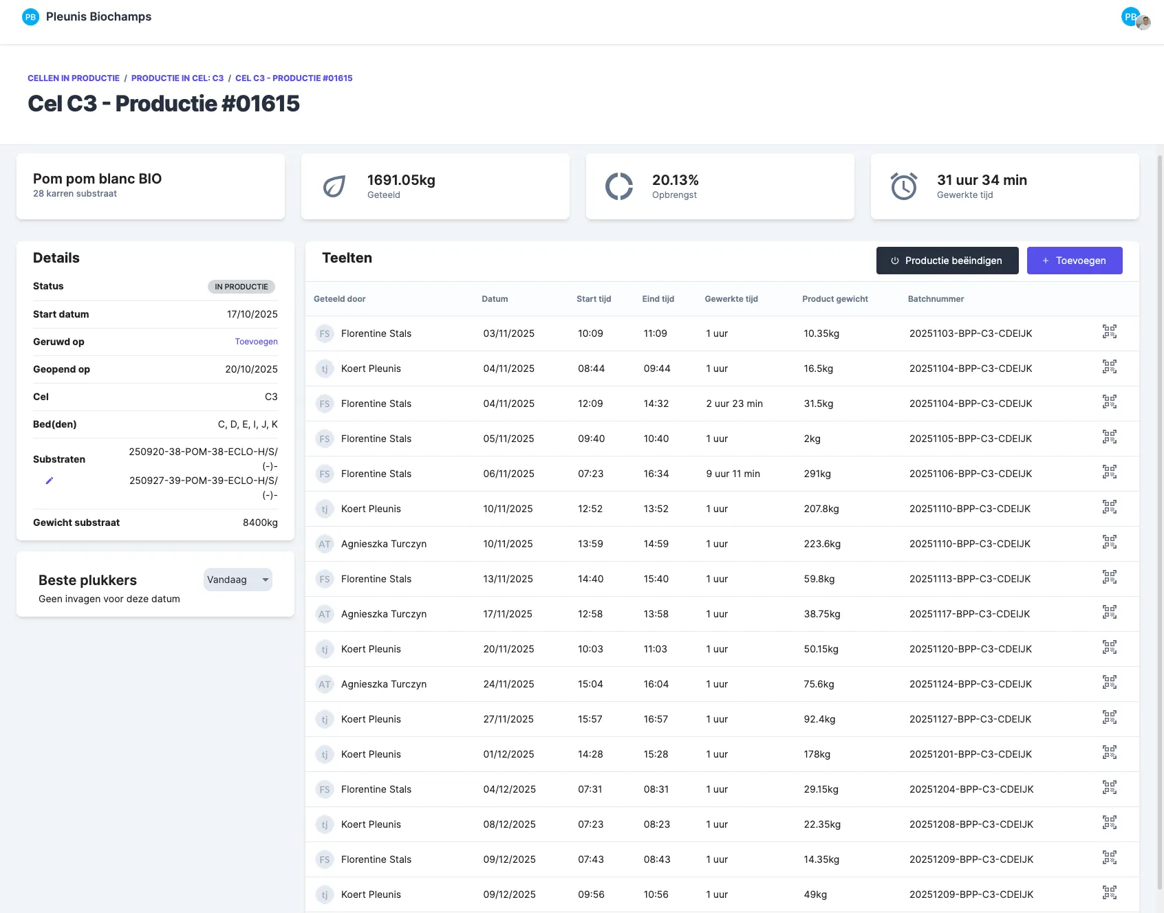 Screenshot van mushr — productie-detail met plukkers, gewichten en tijdstippen per teeltcyclus