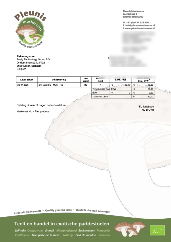 Factuur van Pleunis Mushrooms — logo, huisstijl-elementen en bio-certificatie in één PDF